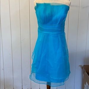 David’s Bridal thigh, asymmetrical, organza dress.